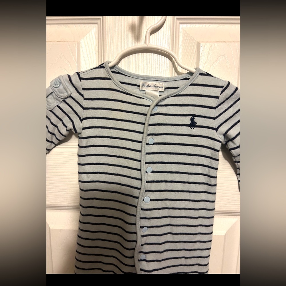 Cute😊Ralph Lauren🏇Baby👶🏻Boys’👦🏻Light Blue Striped Coverall Sz 6M - Picture 2 of 5